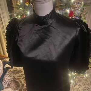 Cynthia Rowley Black Satin Blouse with Ruffled Sleeves